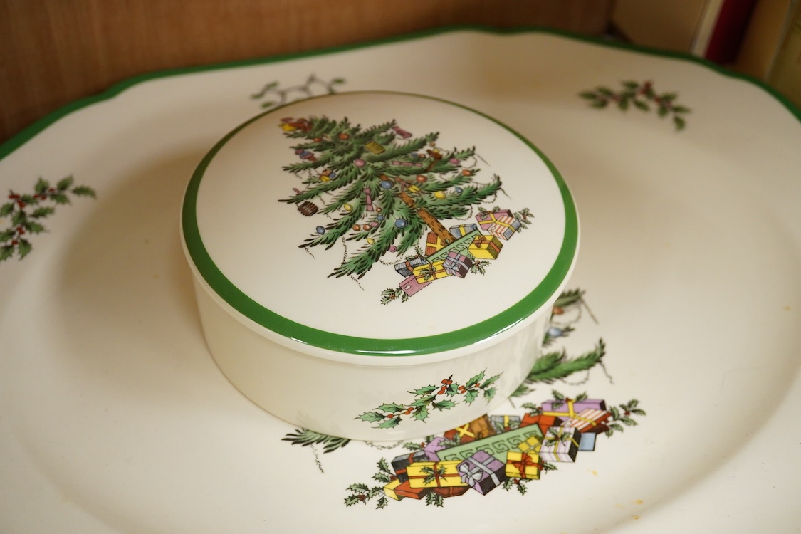 A Spode table service, Christmas Tree pattern. S 3324 to include a set of four bowls, platter and dishes, with some boxes, largest 36cm wide